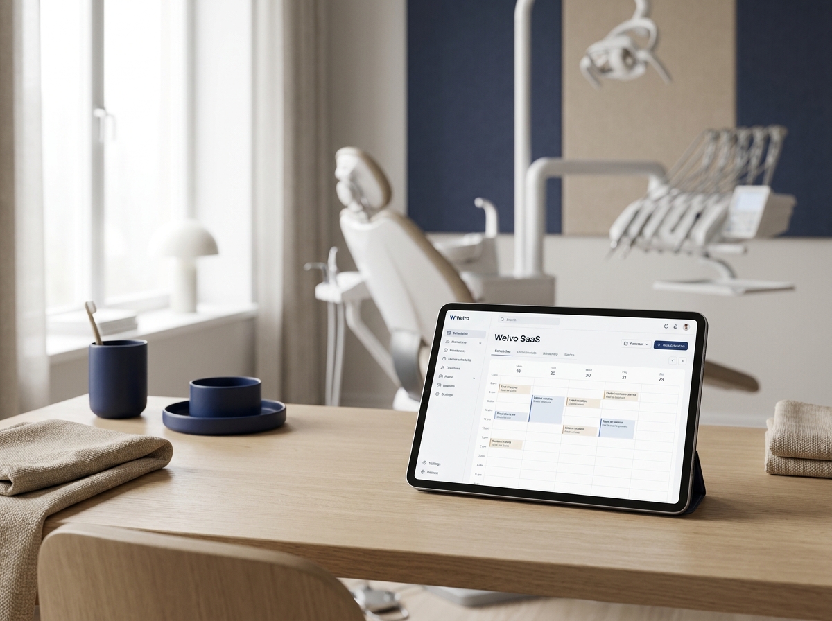 Welvo SaaS -näkymä tabletilla hammasklinikan vastaanotossa